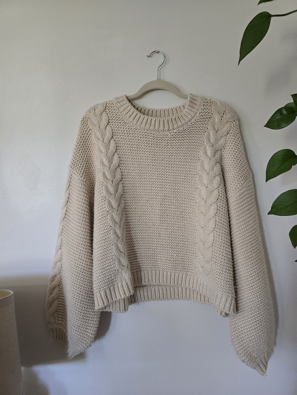 Böhme Beige Cable Knit Crewneck Pullover Balloon Sleeve Sweater L Acrylic